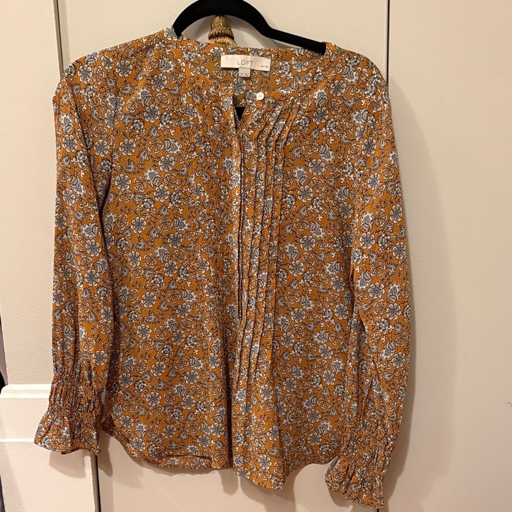 LOFT Women's Floral Blouse - Mustard and White